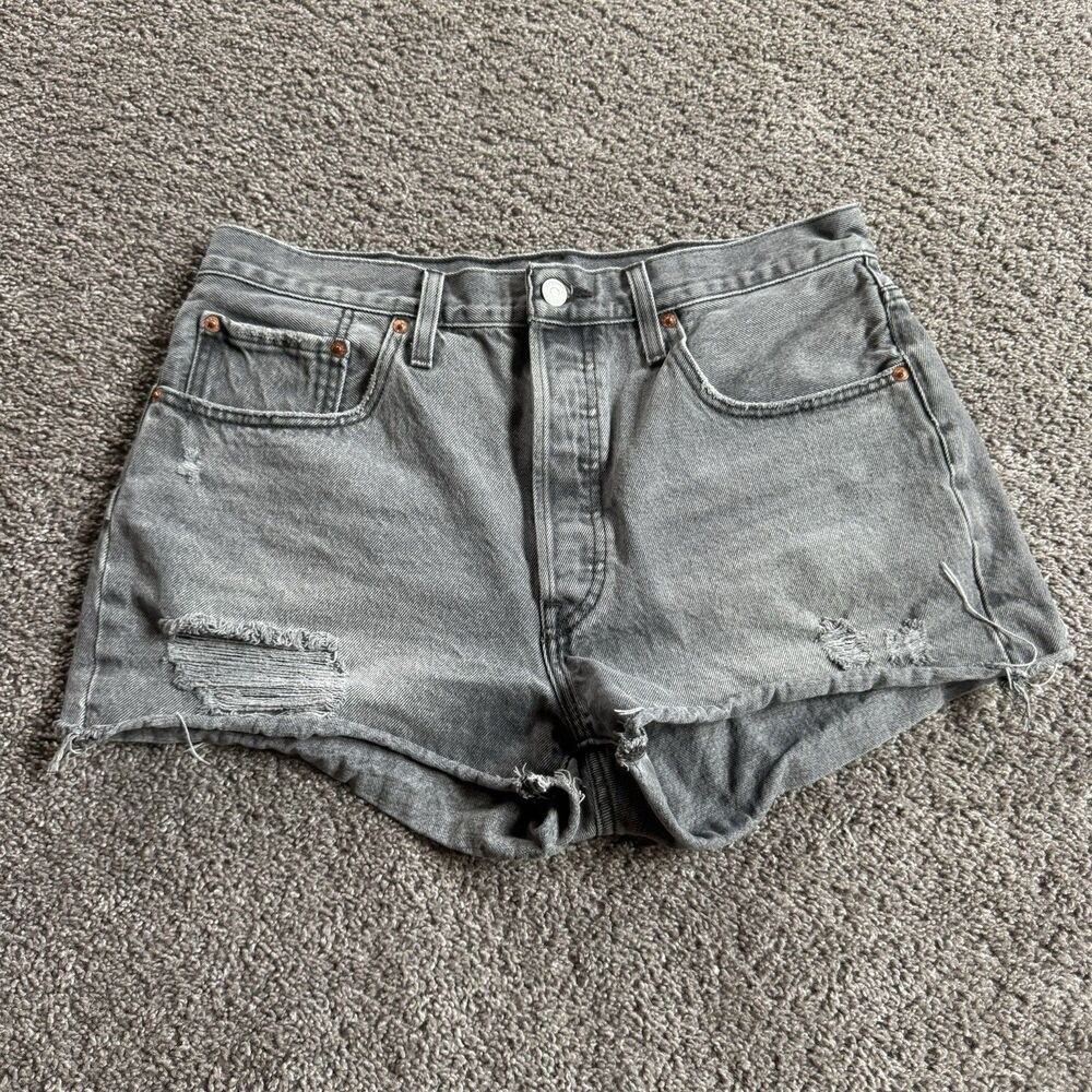 Levis 501 Cutoff Denim Shorts W32 Black Gray Distressed Button Fly Frayed Y2K